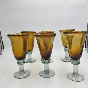 Set‎ of 6 Amber Blown Glass Wine Goblets Aqua Blue Stem Bubbles Hand Blown 8"